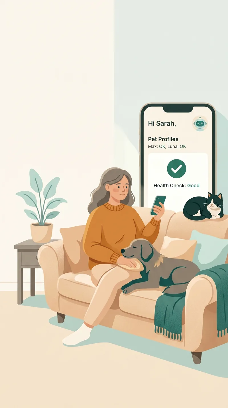 A person relaxing on the couch with their dog and cat, checking PetCarePilot on their phone