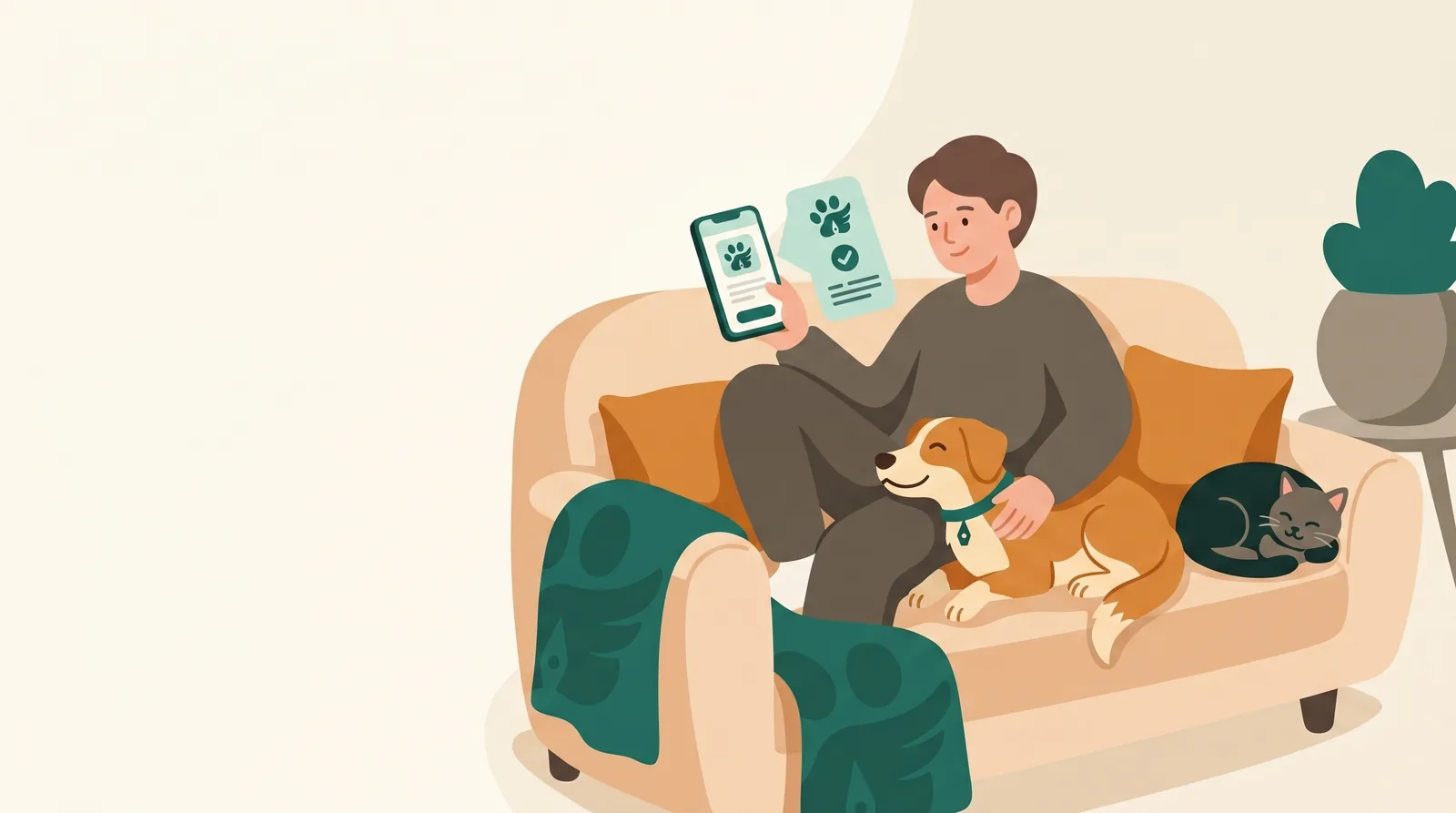 A person relaxing on the couch with their dog and cat, checking PetCarePilot on their phone